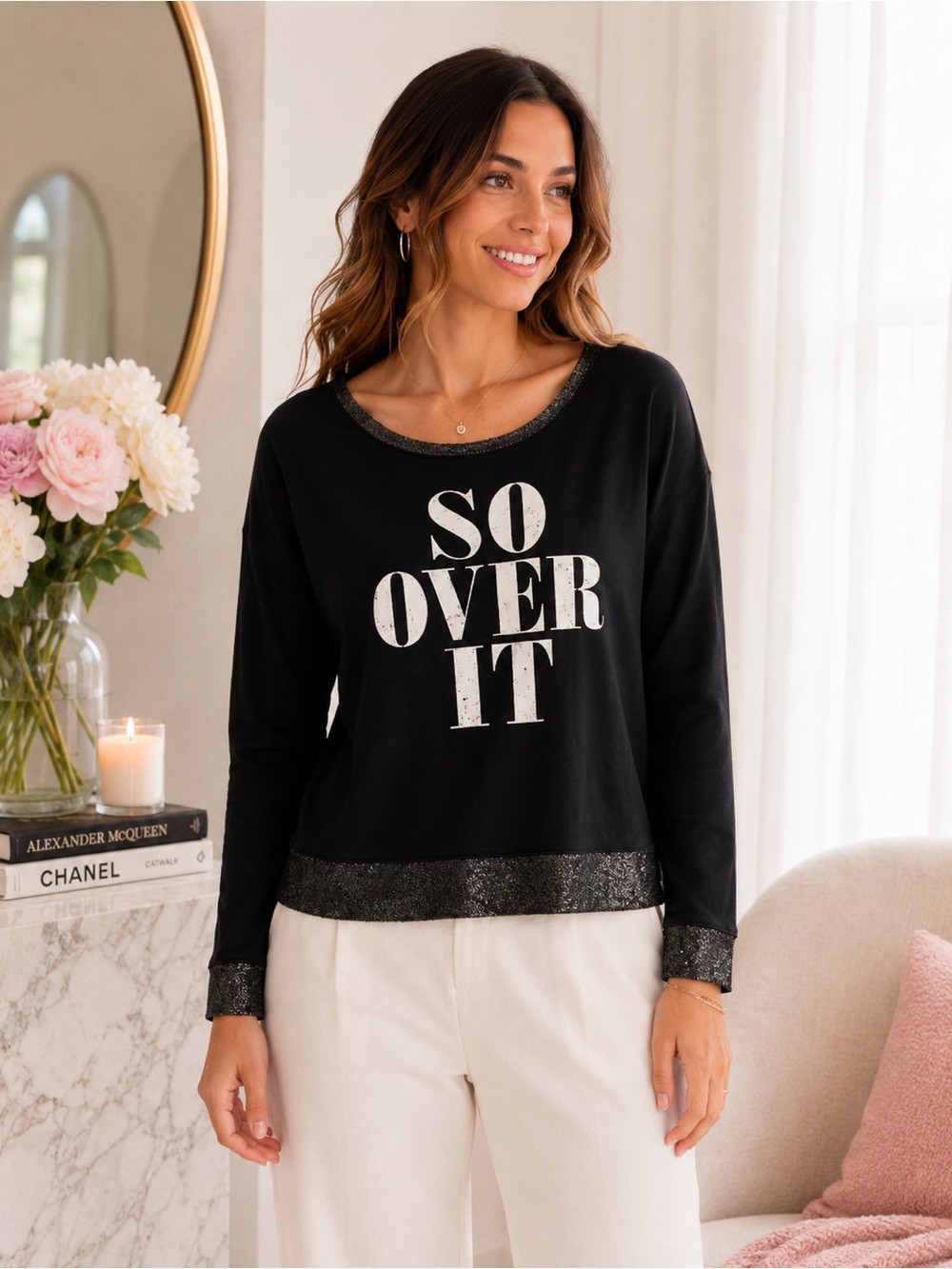 Rock & Republic Black “So Over It” Graphic Sweatshirt Top Metallic Trim NWT L